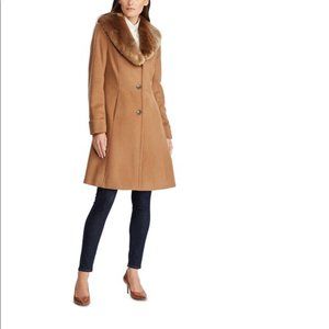 Ralph Lauren Faux Fur Collar Long Walker Coat Vicuna Brown NWT